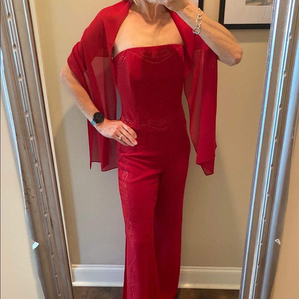 Dazzling Red Embellished Pant Set